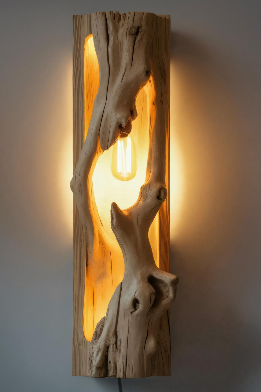 Minimalist Driftwood Wall Sconce With Ambient Glow For Rustic Decor
