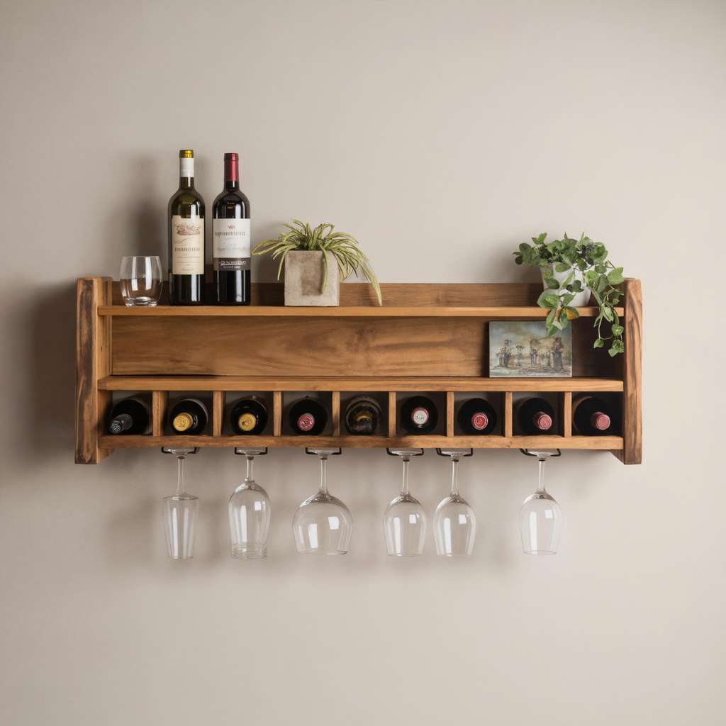Rustic Floating Wine Rack With Glass Holder For Kitchen Or Dining Room