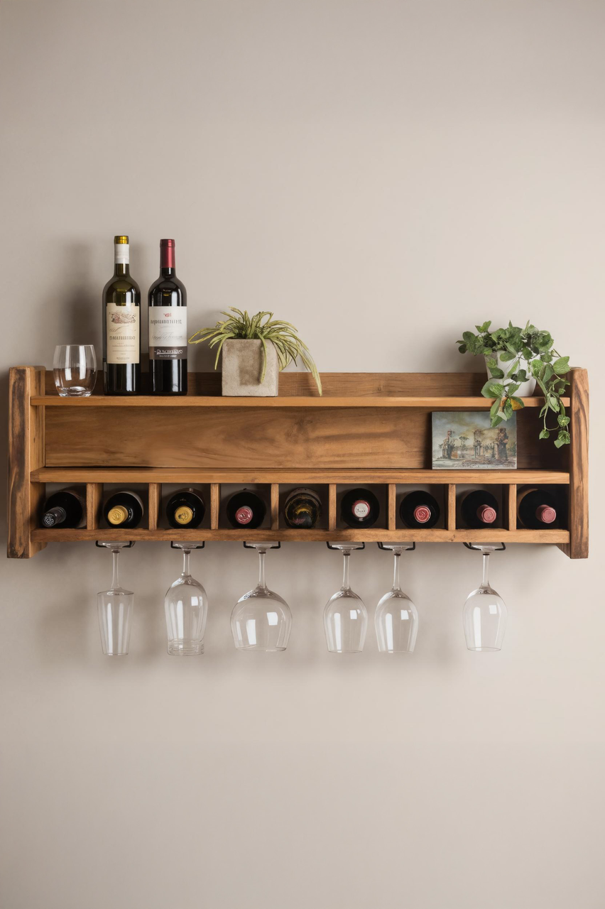 Rustic Floating Wine Rack With Glass Holder For Kitchen Or Dining Room