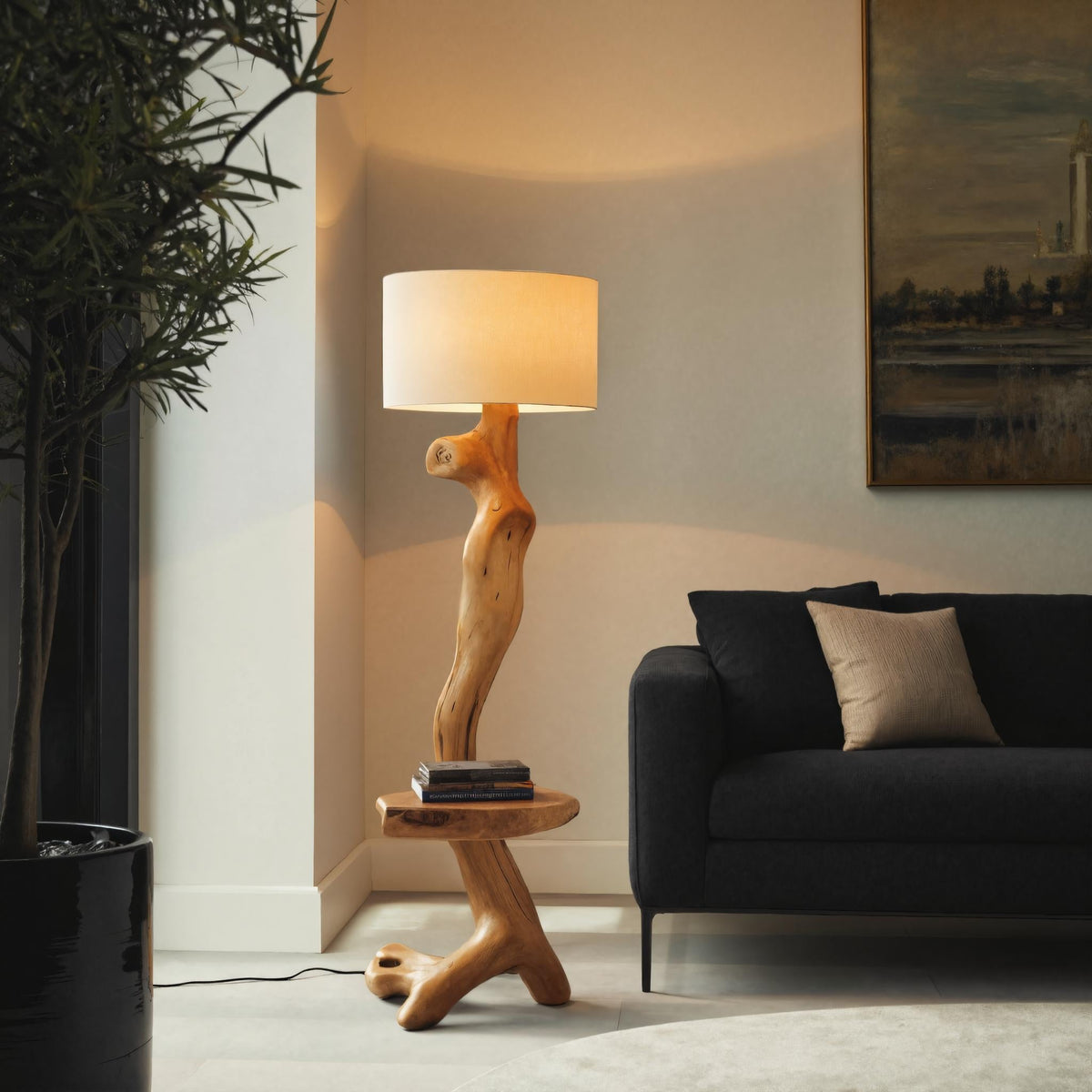 Rustic Sculptural Floor Lamp With Side Table For Bedroom