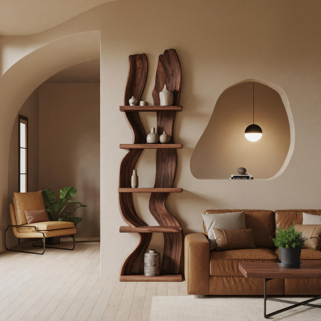 Modern Rustic Standing Shelf With Curved Silhouette For Living Room