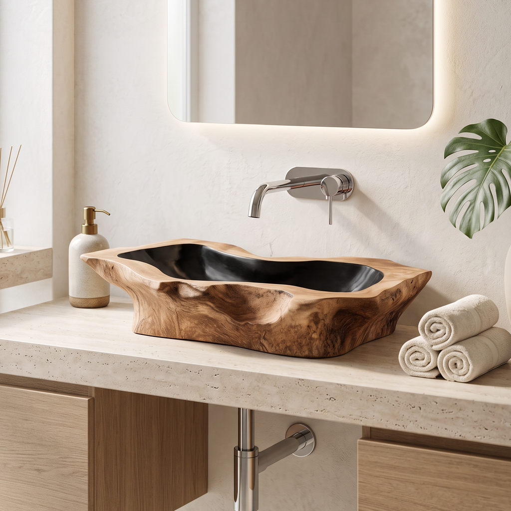 Rustic Handcrafted Wooden Vessel Sink For Bathroom Decor