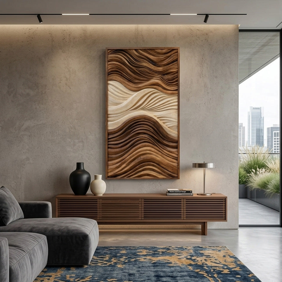 Vertical Sculptural Wall Art With Wave Carved Design For Entryway