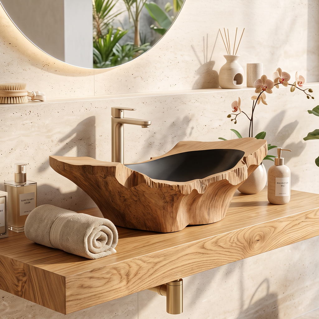 Rustic Wooden Vessel Sink For Nature-Inspired Bathroom
