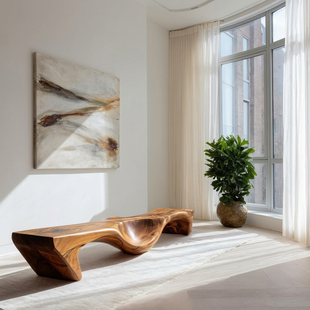 Organic Bench With Carved Wave Design For Living Room