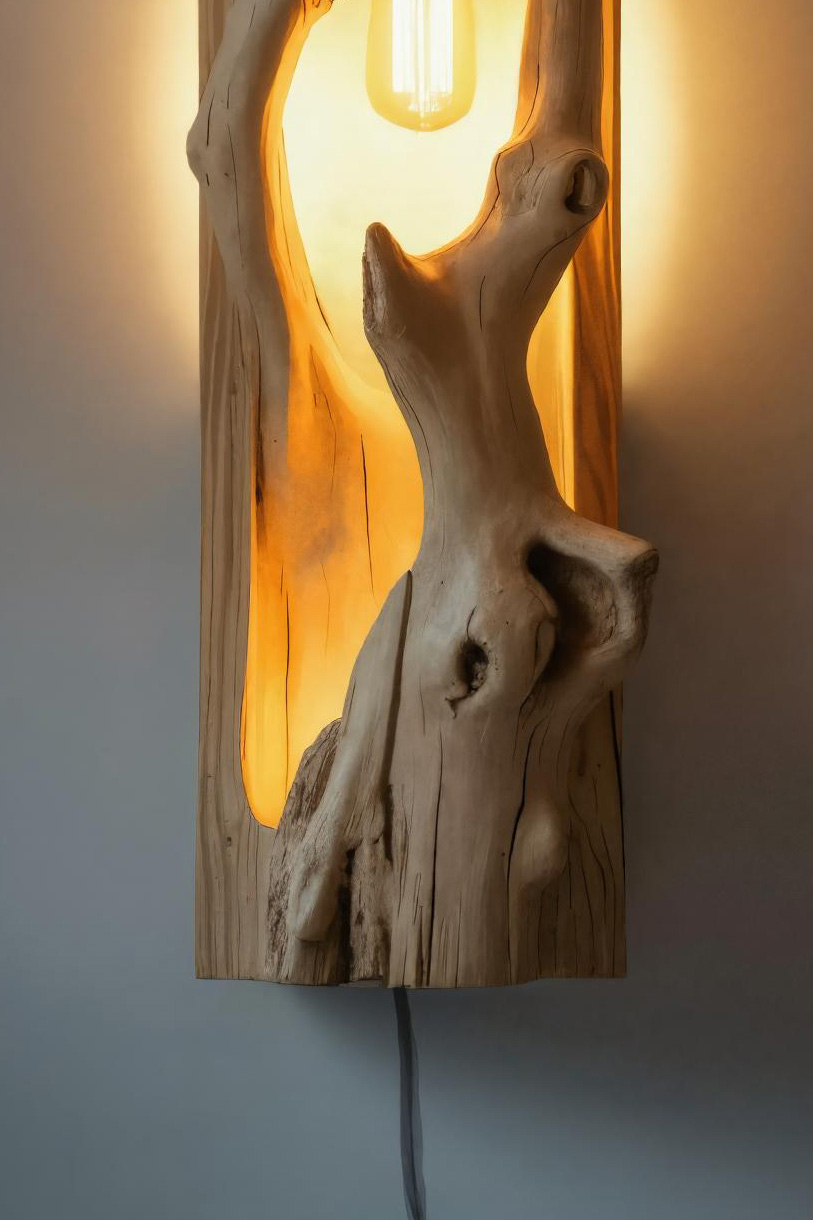Minimalist Driftwood Wall Sconce With Ambient Glow For Rustic Decor