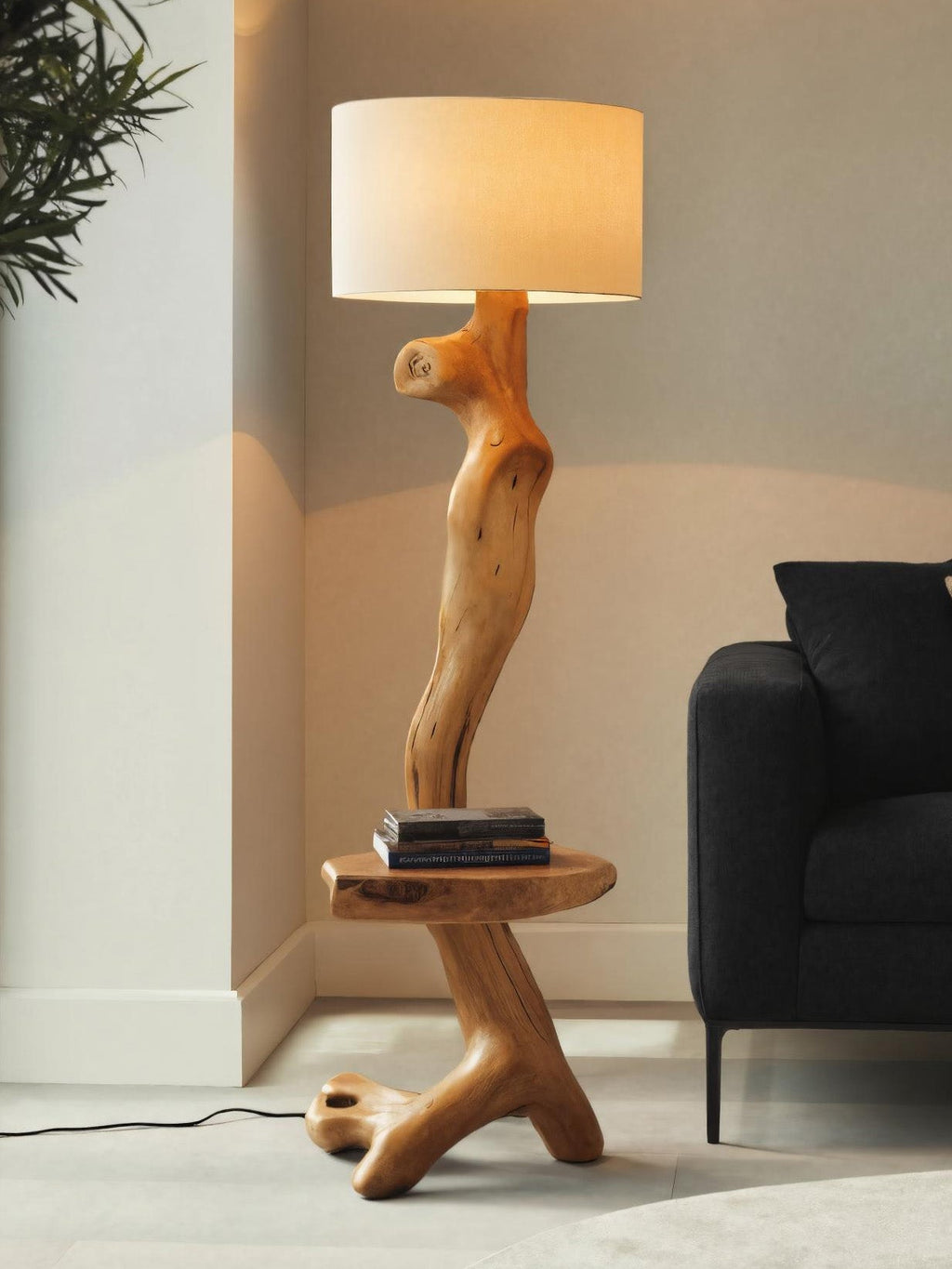 Rustic Sculptural Floor Lamp With Side Table For Bedroom