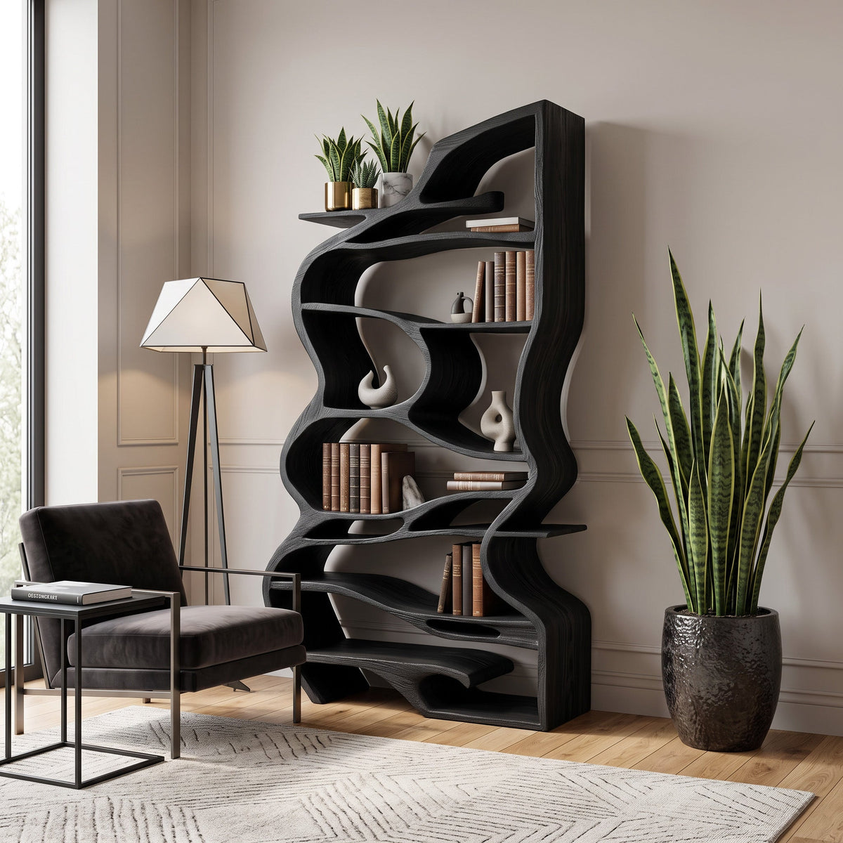 Handcrafted Sculpted Bookshelf With Organic Design For Living Room Or Office