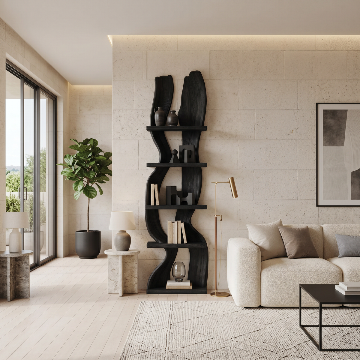 Modern Rustic Standing Shelf With Curved Silhouette For Living Room