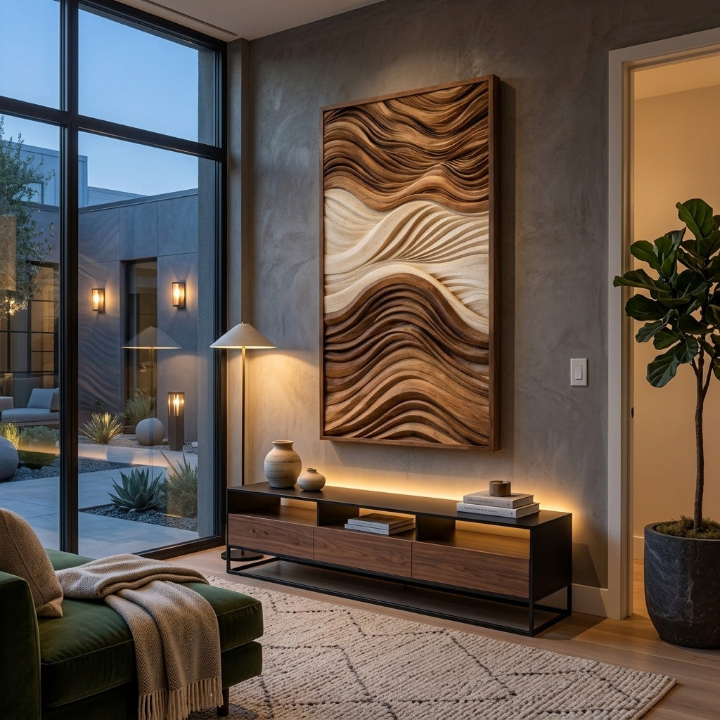 Vertical Sculptural Wall Art With Wave Carved Design For Entryway