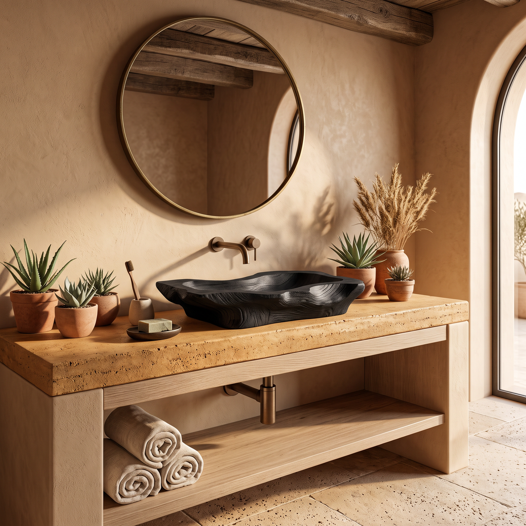 Rustic Handcrafted Wooden Vessel Sink For Bathroom Decor