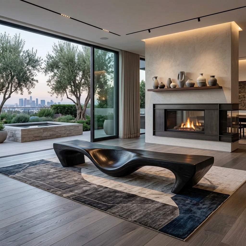 Organic Bench With Carved Wave Design For Living Room