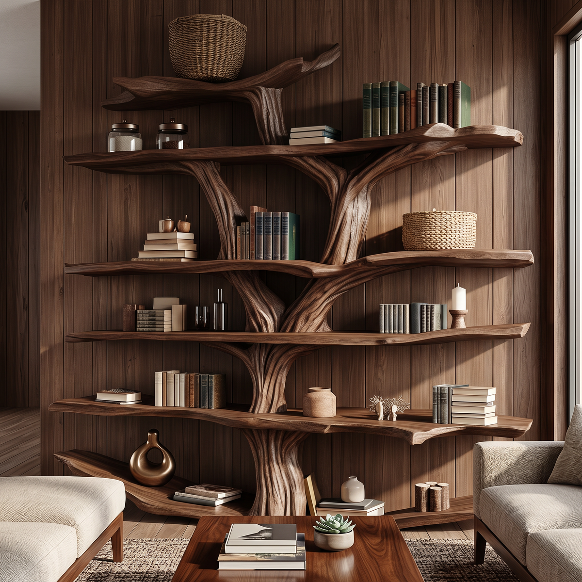 Rustic Wooden Tree Shelf – Perfect Book Storage & Nature-Inspired Decor