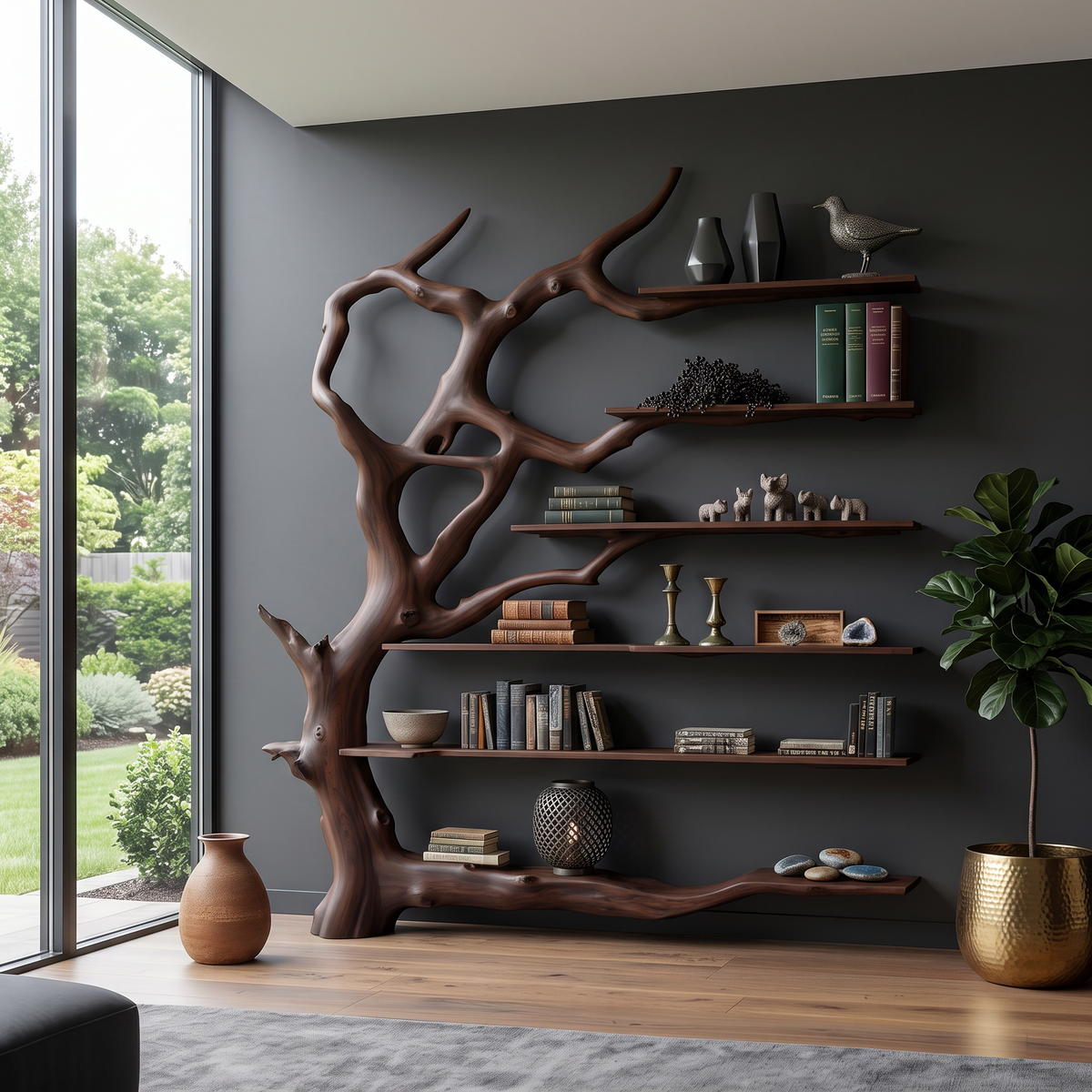 Wall Mounted Rustic Tree Bookcase Floating Shelf For Living Room Decor & Gift