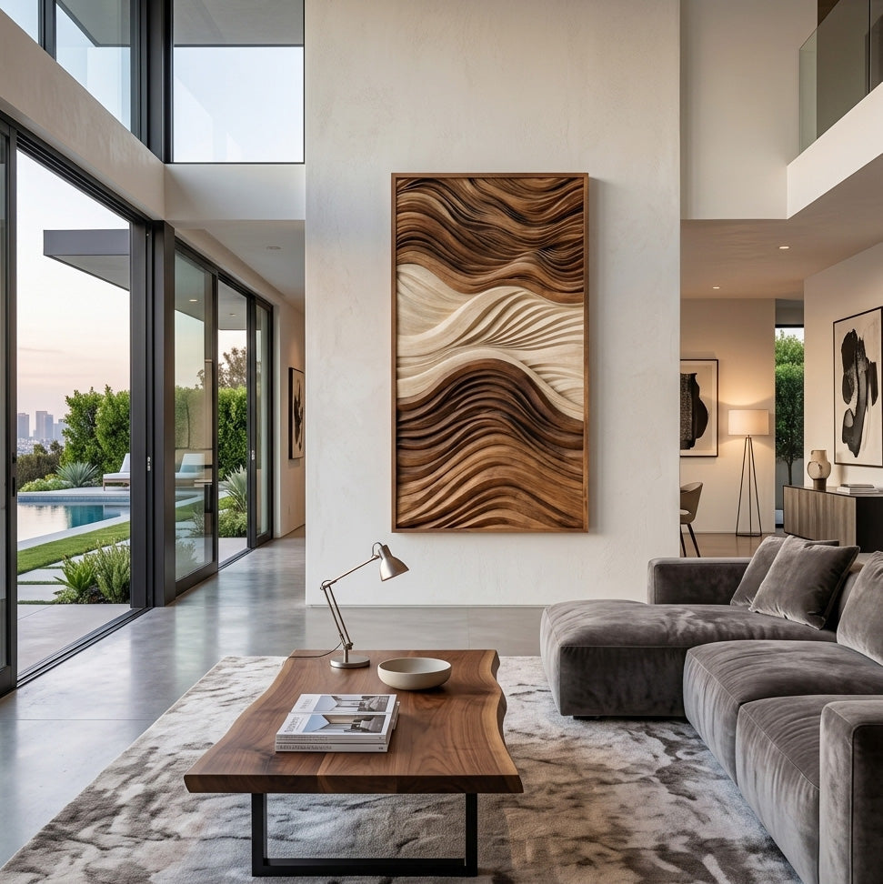 Vertical Sculptural Wall Art With Wave Carved Design For Entryway