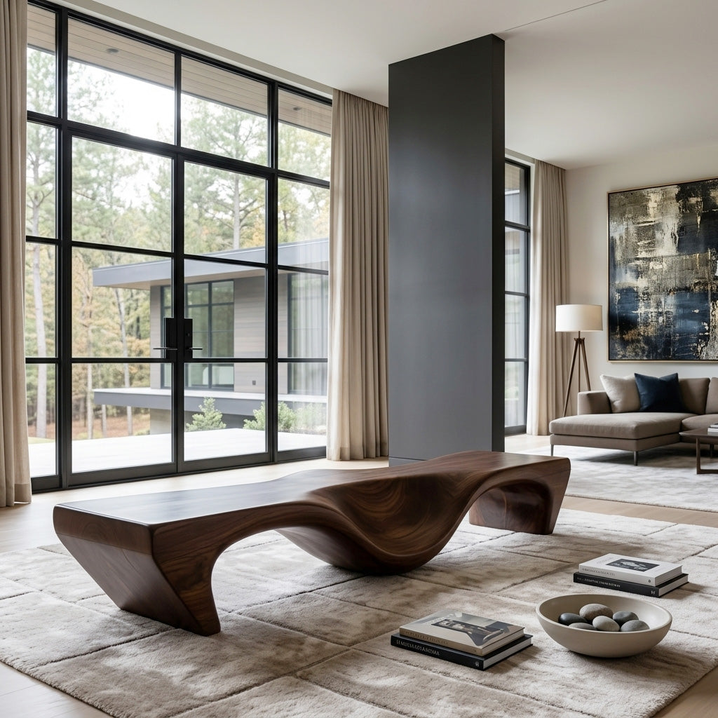 Organic Bench With Carved Wave Design For Living Room