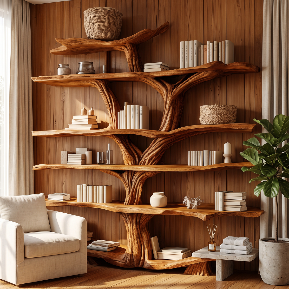 Rustic Wooden Tree Shelf – Perfect Book Storage & Nature-Inspired Decor