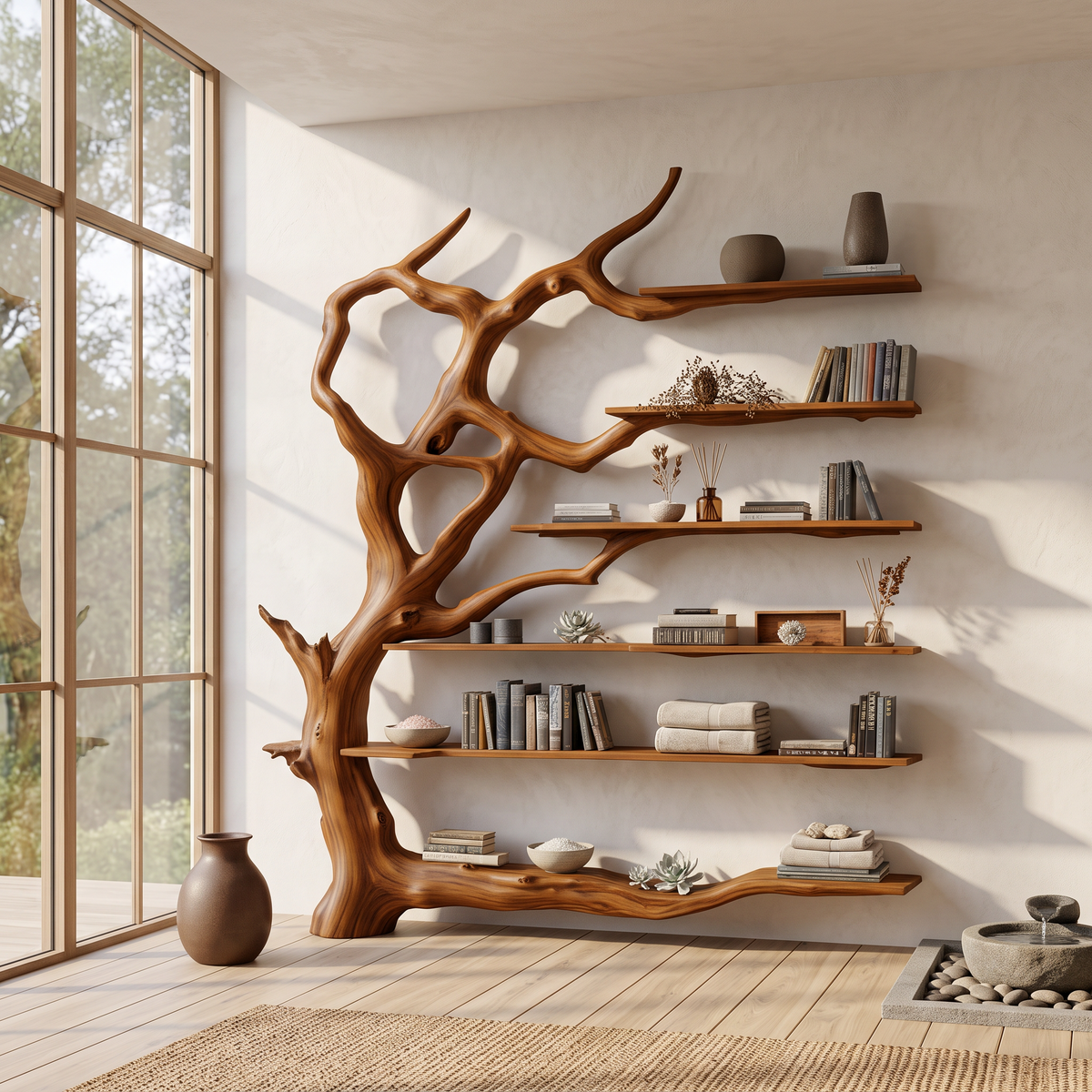 Wall Mounted Rustic Tree Bookcase Floating Shelf For Living Room Decor & Gift