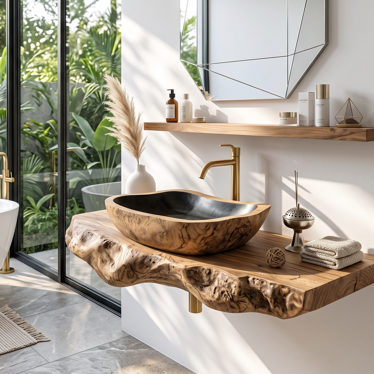Rustic Mid Century Solid Wood Sink For Bathroom Decor