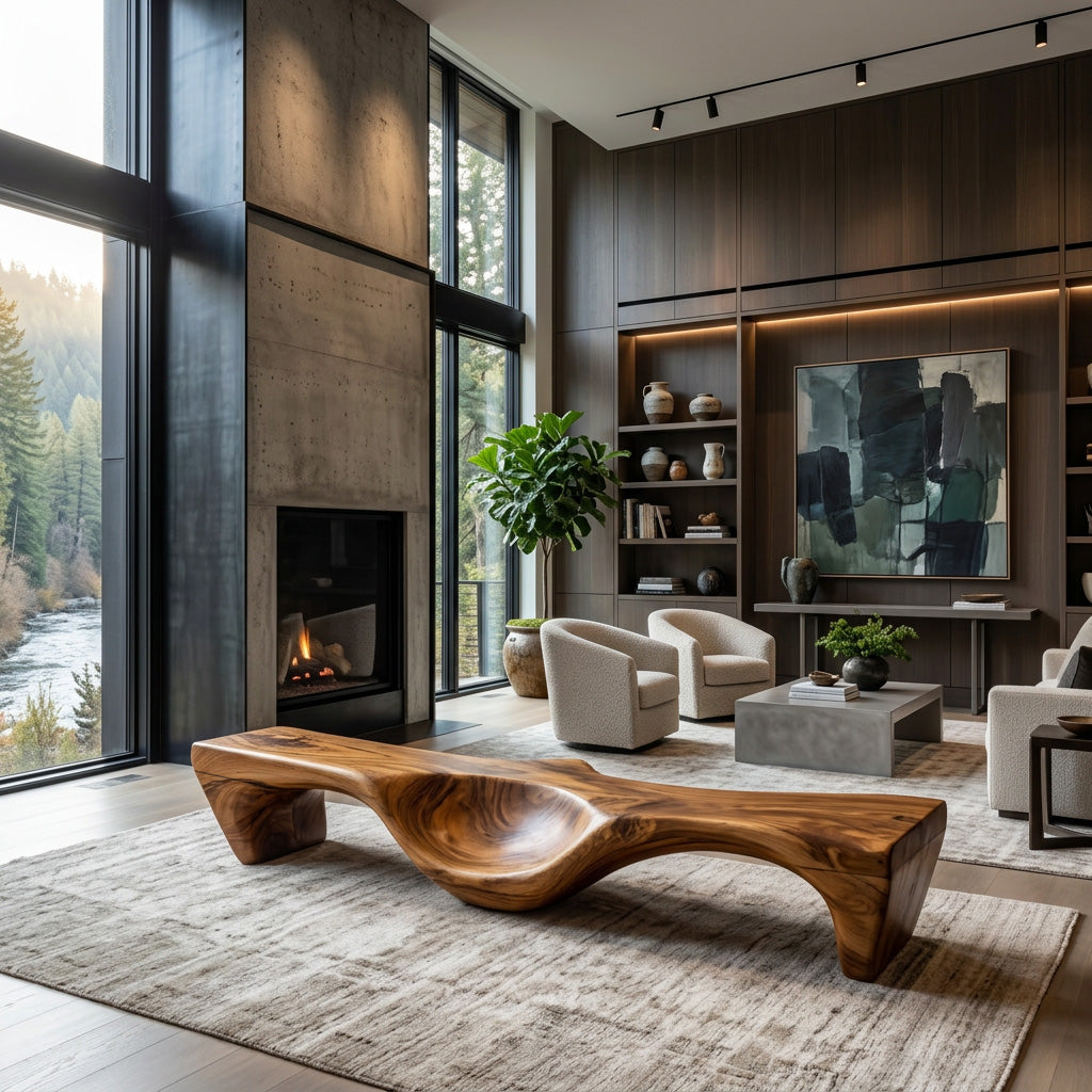 Organic Bench With Carved Wave Design For Living Room