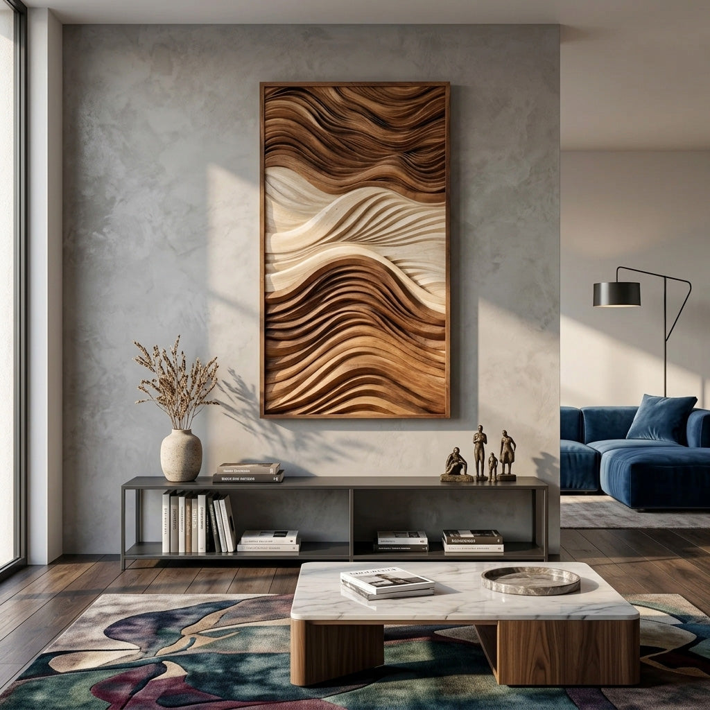 Vertical Sculptural Wall Art With Wave Carved Design For Entryway