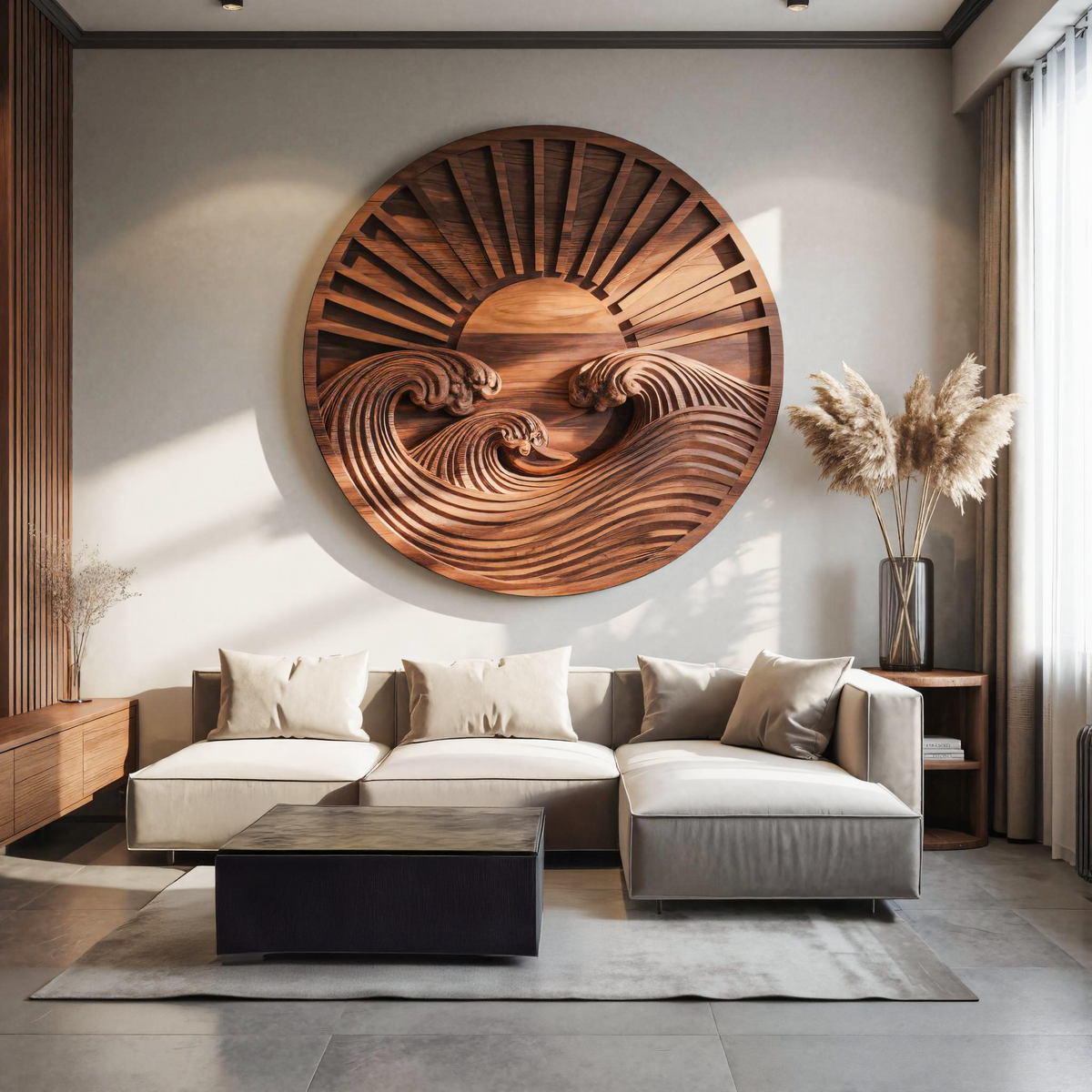 Round Wall Art With Carved Sun And Waves For Bedroom