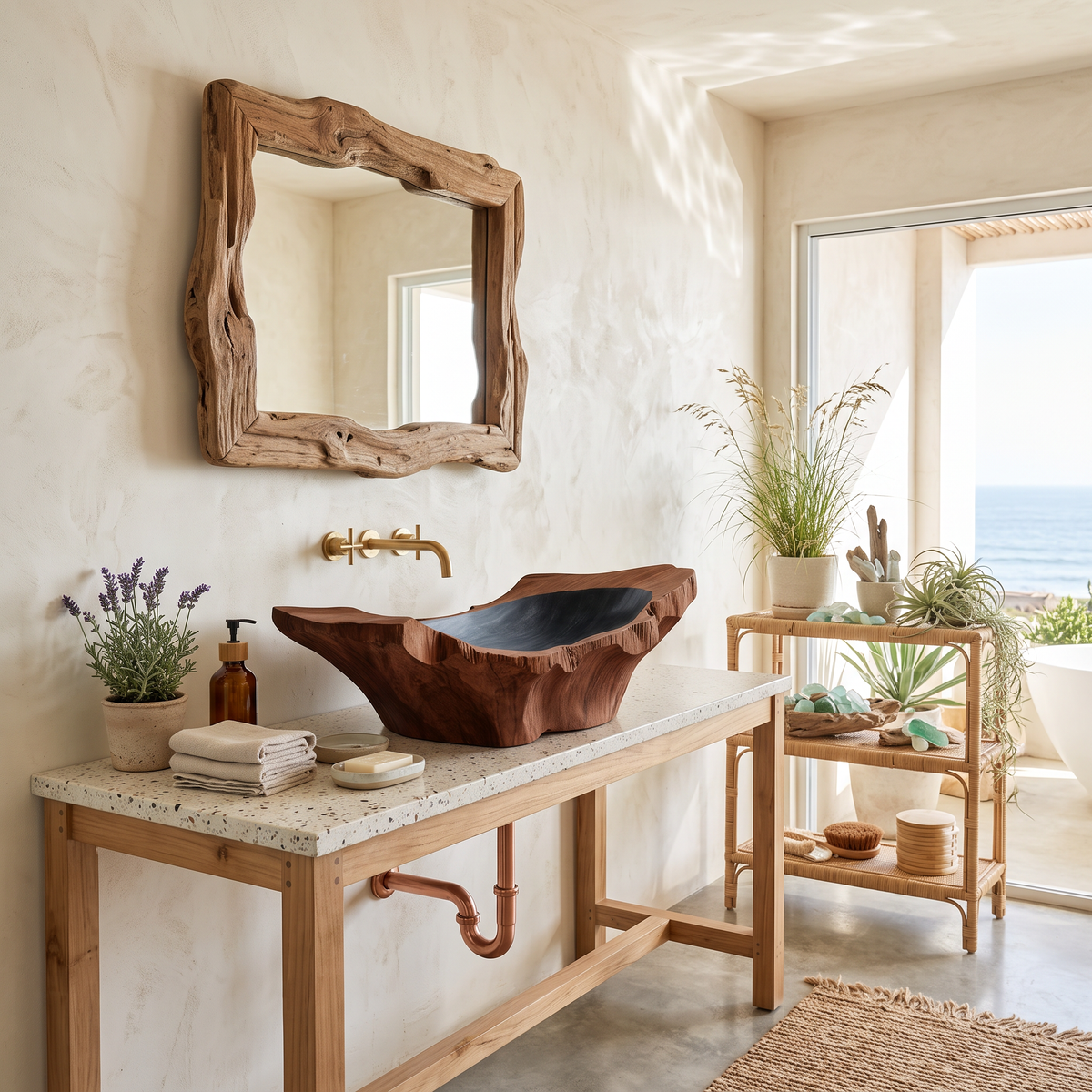 Rustic Wooden Vessel Sink For Nature-Inspired Bathroom