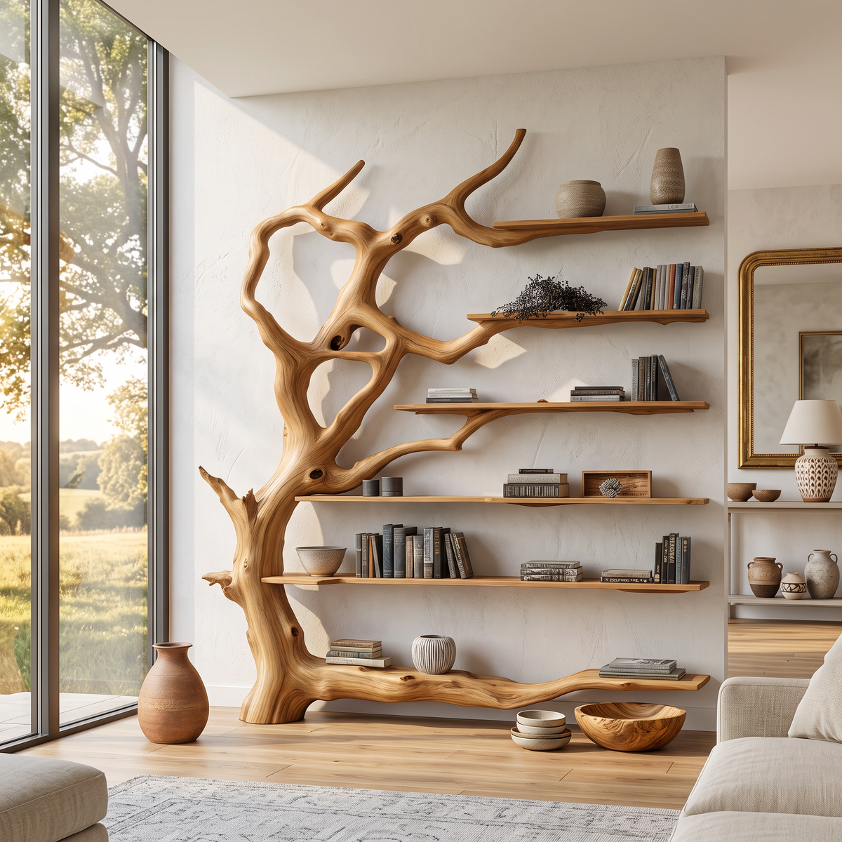 Wall Mounted Rustic Tree Bookcase Floating Shelf For Living Room Decor & Gift