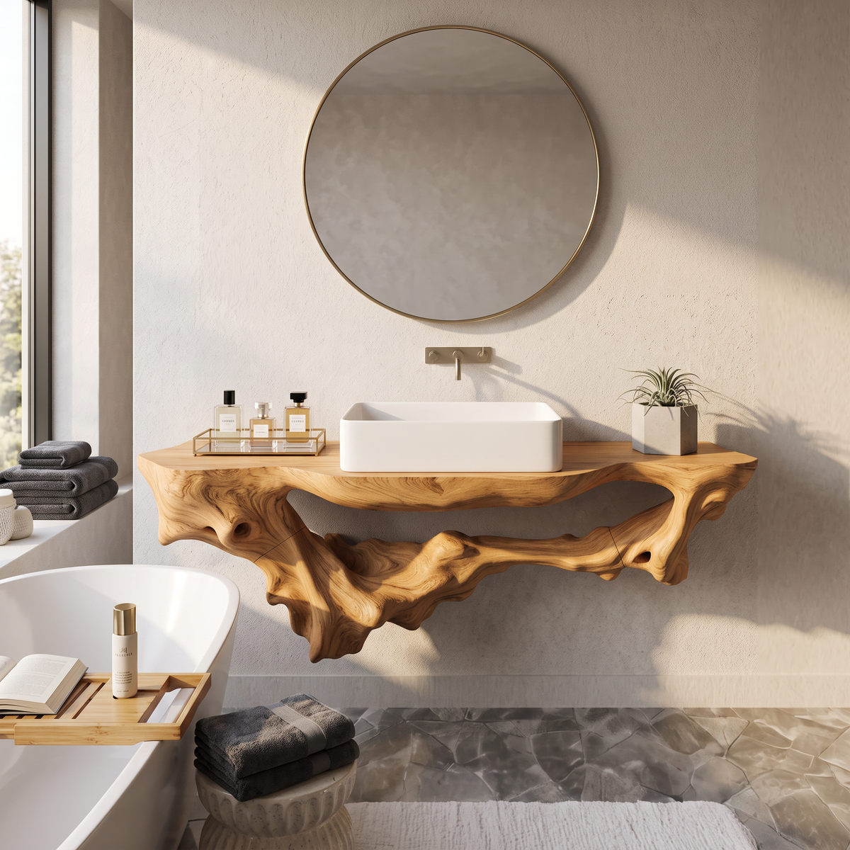Mid Century Solid Wood Bathroom Shelf