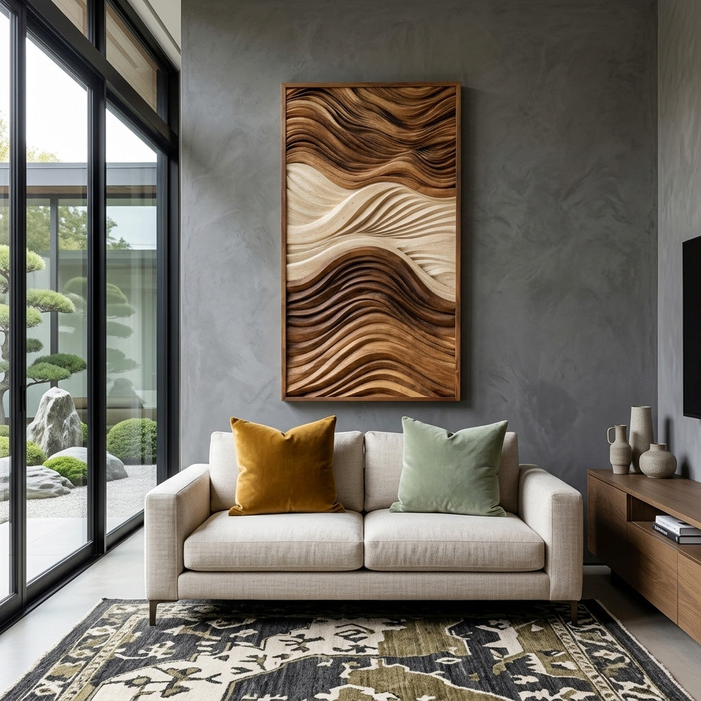 Vertical Sculptural Wall Art With Wave Carved Design For Entryway