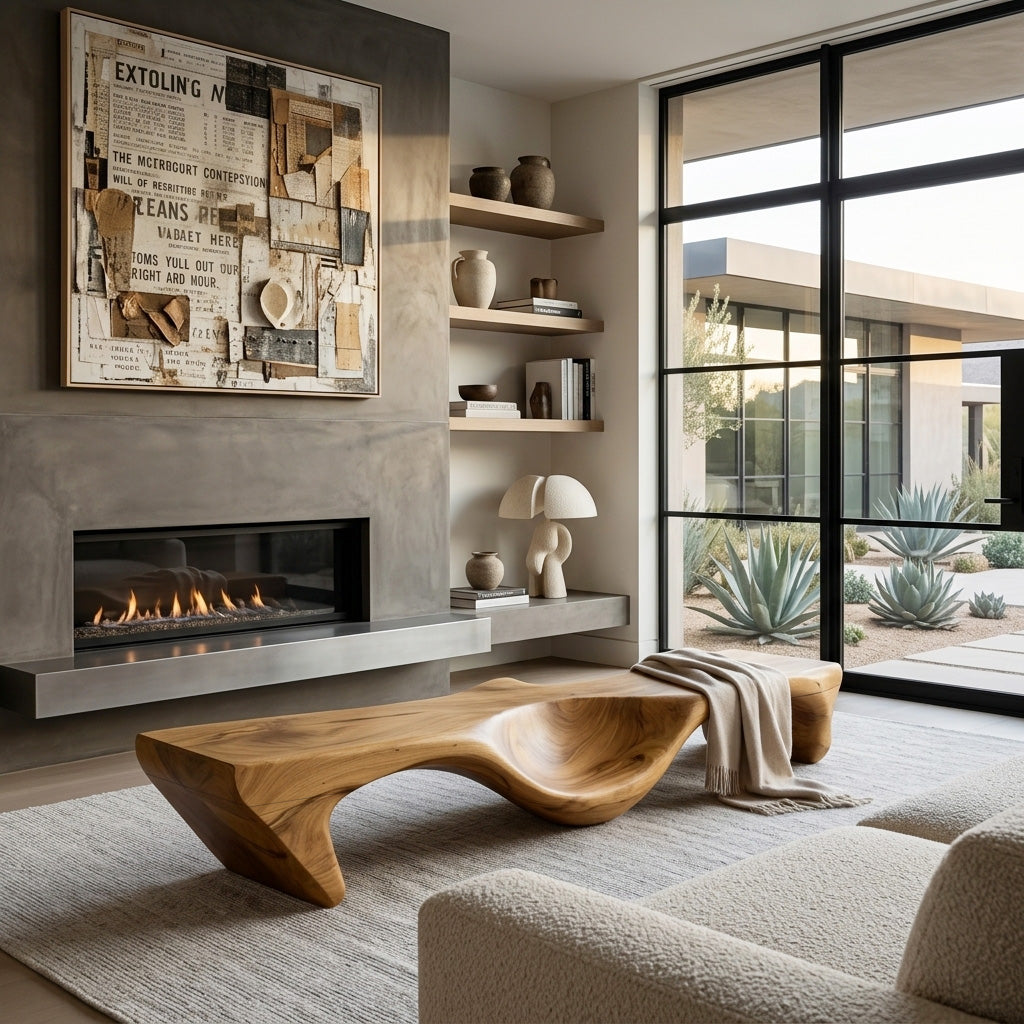 Organic Bench With Carved Wave Design For Living Room