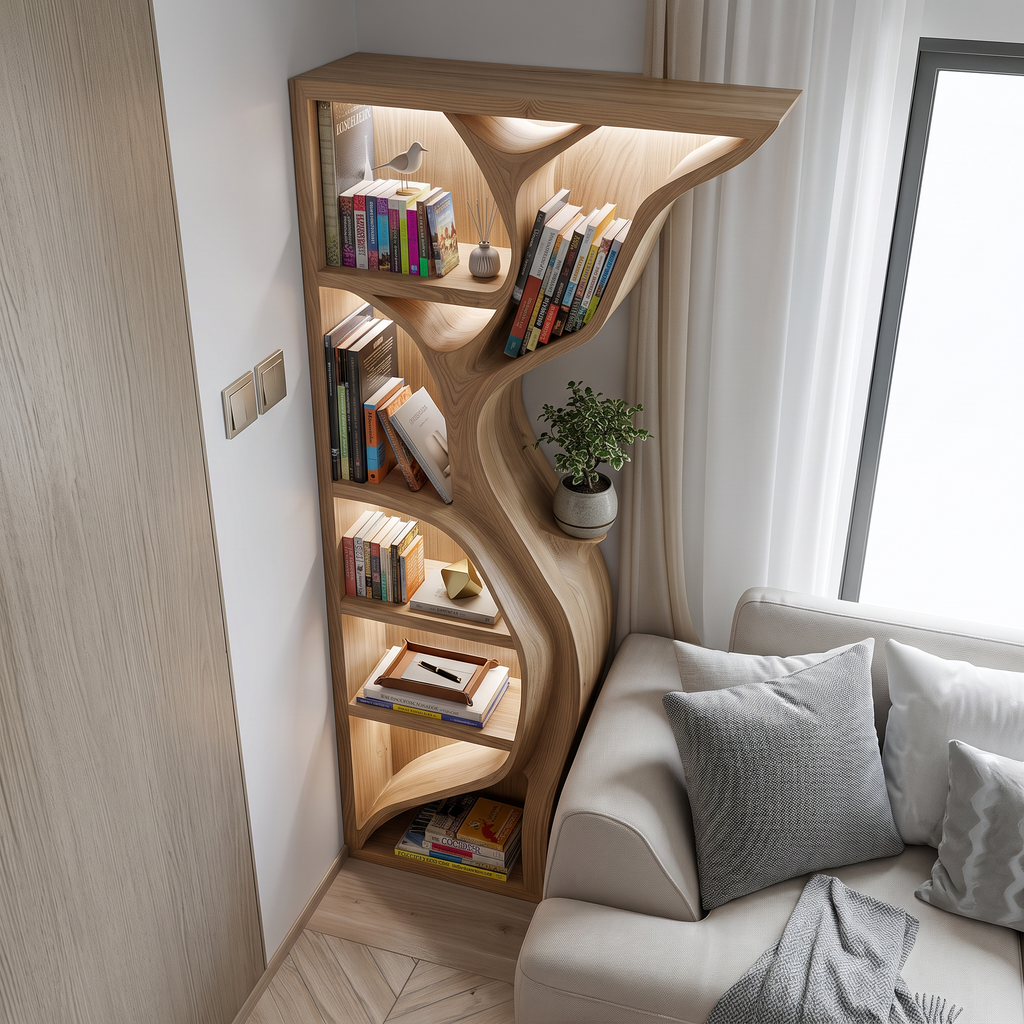 Modern Tree Wall Bookshelf Wooden Corner Shelf