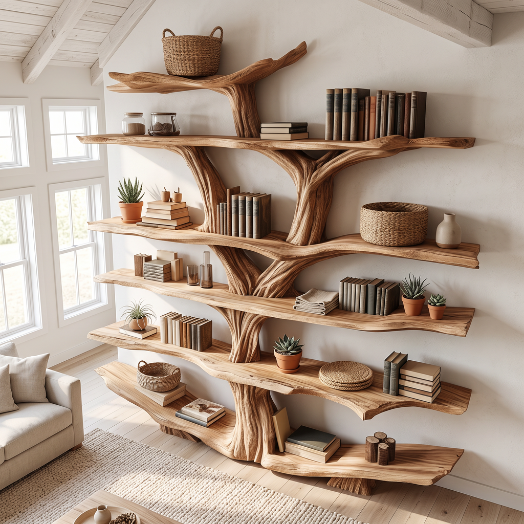 Rustic Wooden Tree Shelf – Perfect Book Storage & Nature-Inspired Decor