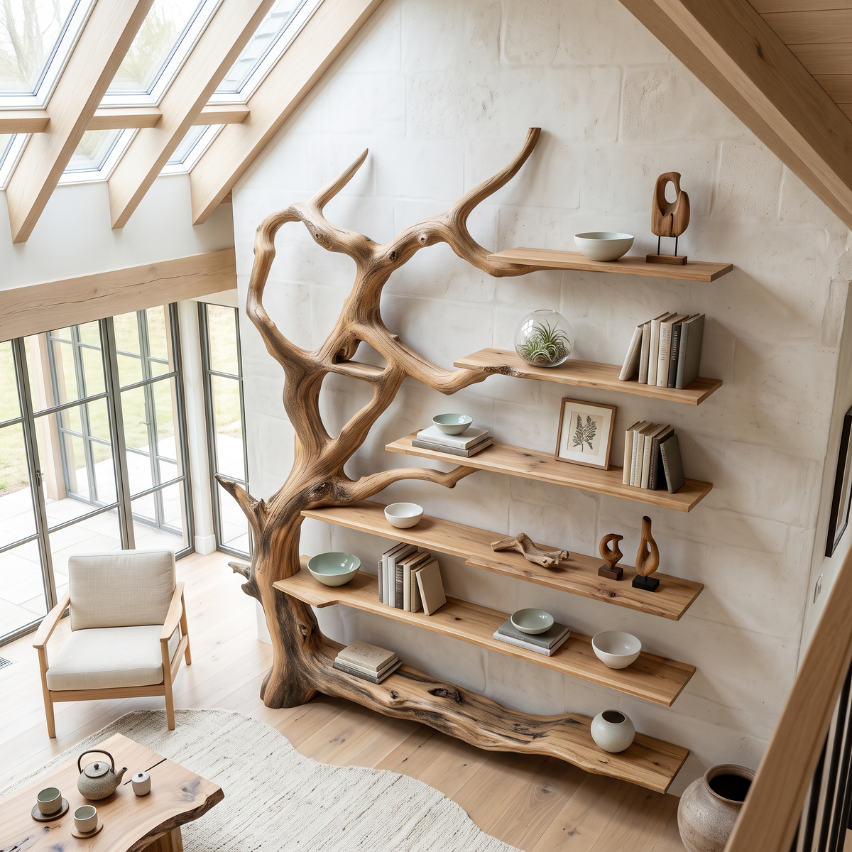 Wall Mounted Rustic Tree Bookcase Floating Shelf For Living Room Decor & Gift