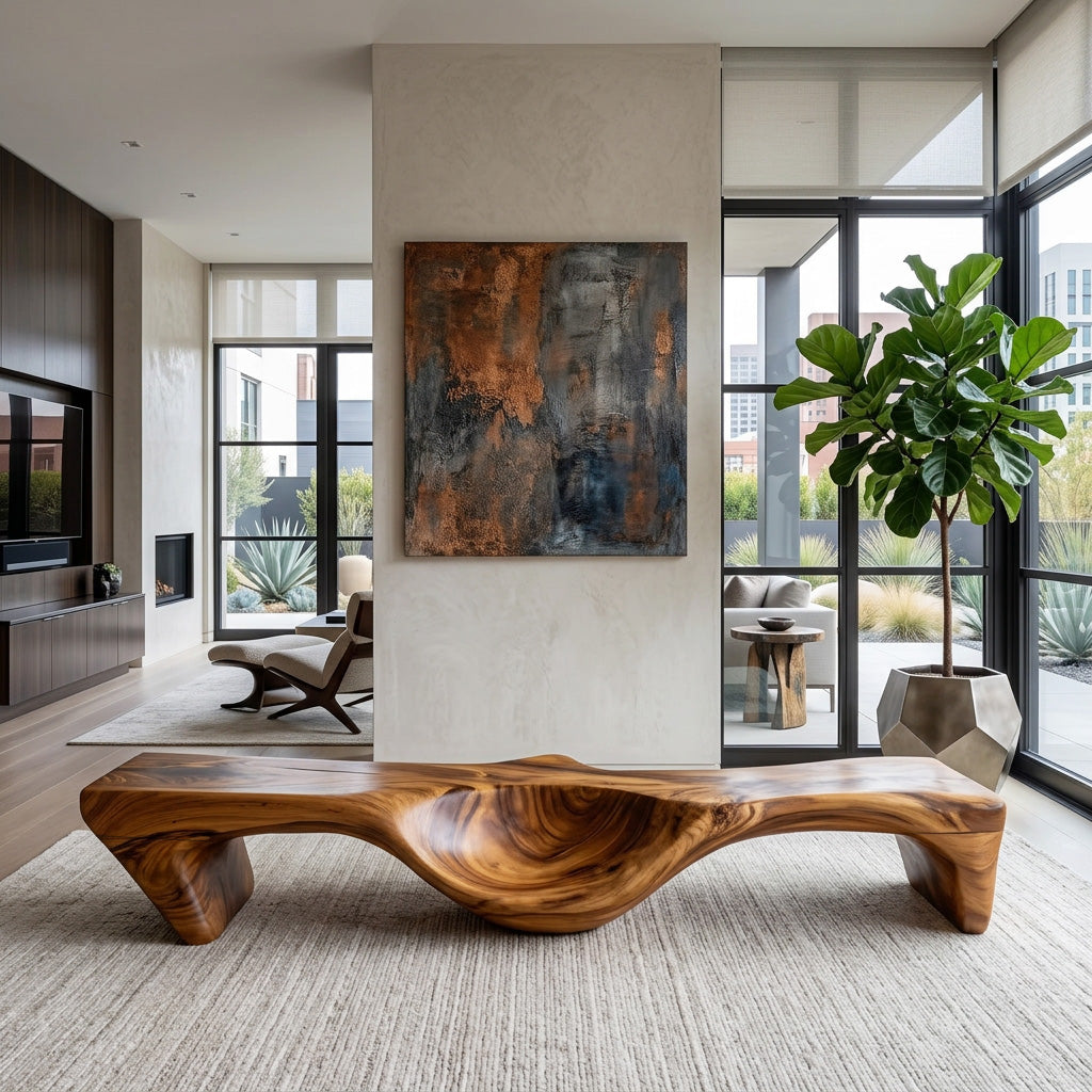 Organic Bench With Carved Wave Design For Living Room