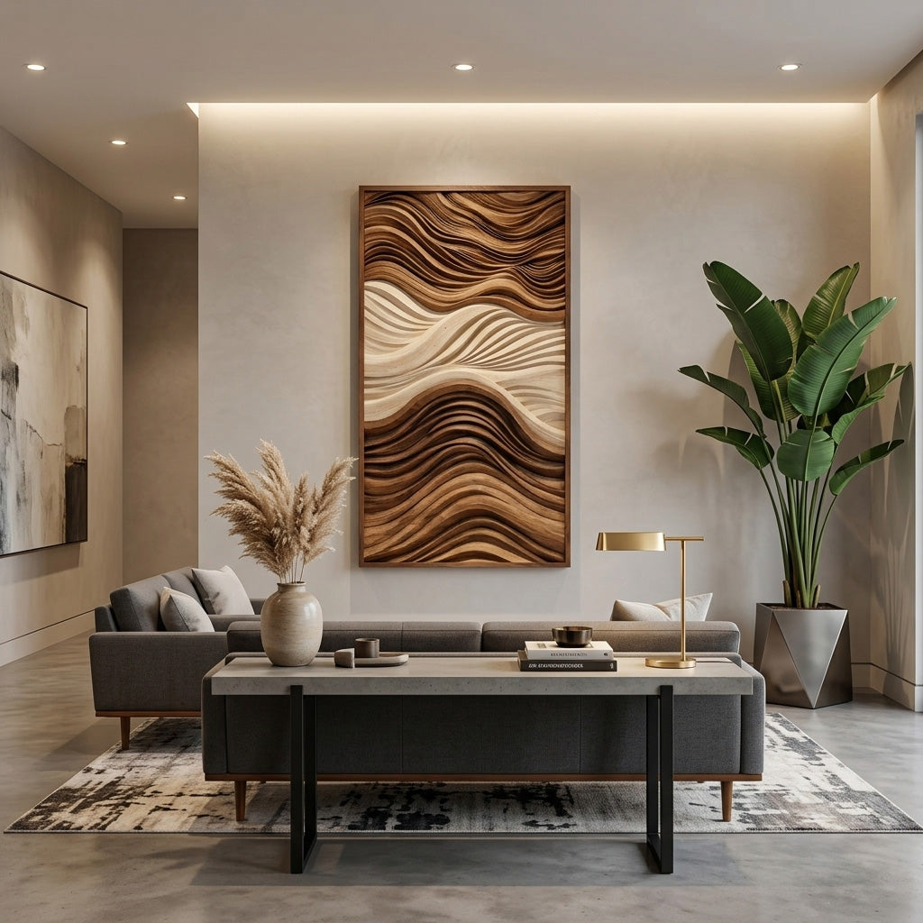 Vertical Sculptural Wall Art With Wave Carved Design For Entryway
