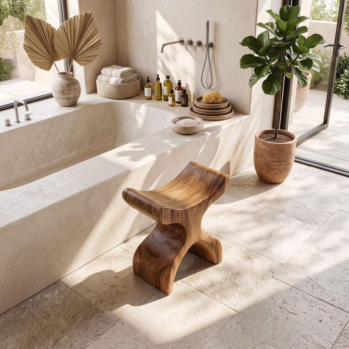 Mid Century Solid Wood Bath Seat