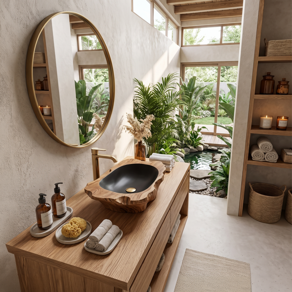 Rustic Wooden Vessel Sink For Nature-Inspired Bathroom