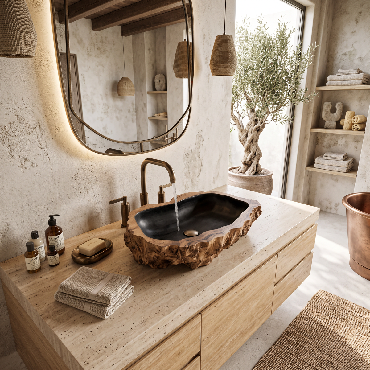 Handcrafted Rustic Wooden Vessel Sink For Furniture Decor