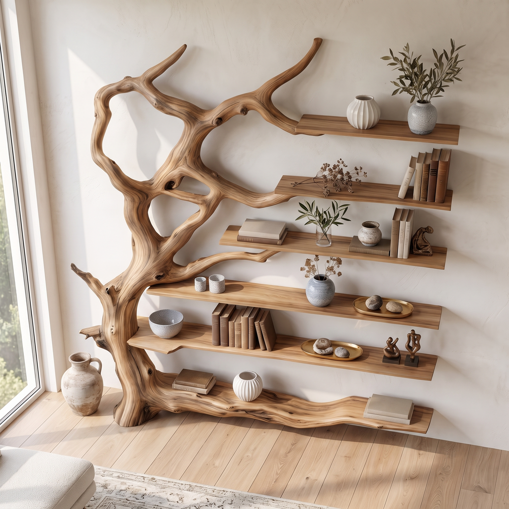 Wall Mounted Rustic Tree Bookcase Floating Shelf For Living Room Decor & Gift