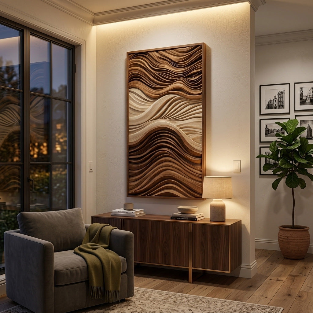 Vertical Sculptural Wall Art With Wave Carved Design For Entryway