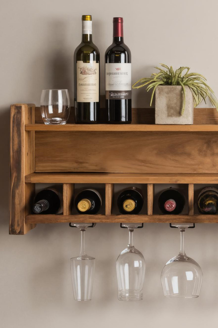 Rustic Floating Wine Rack With Glass Holder For Kitchen Or Dining Room