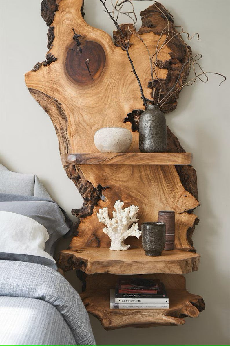 Rustic Live Edge Wood Shelf For Bedroom Decoration And Wooden Bookshelf Display