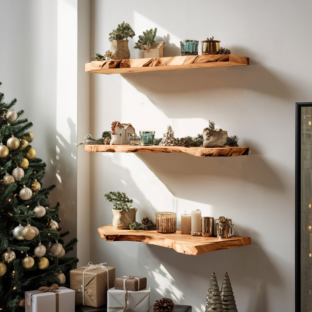 Handcrafted Solid Wood Floating Shelf For Living Room Xmas Decor