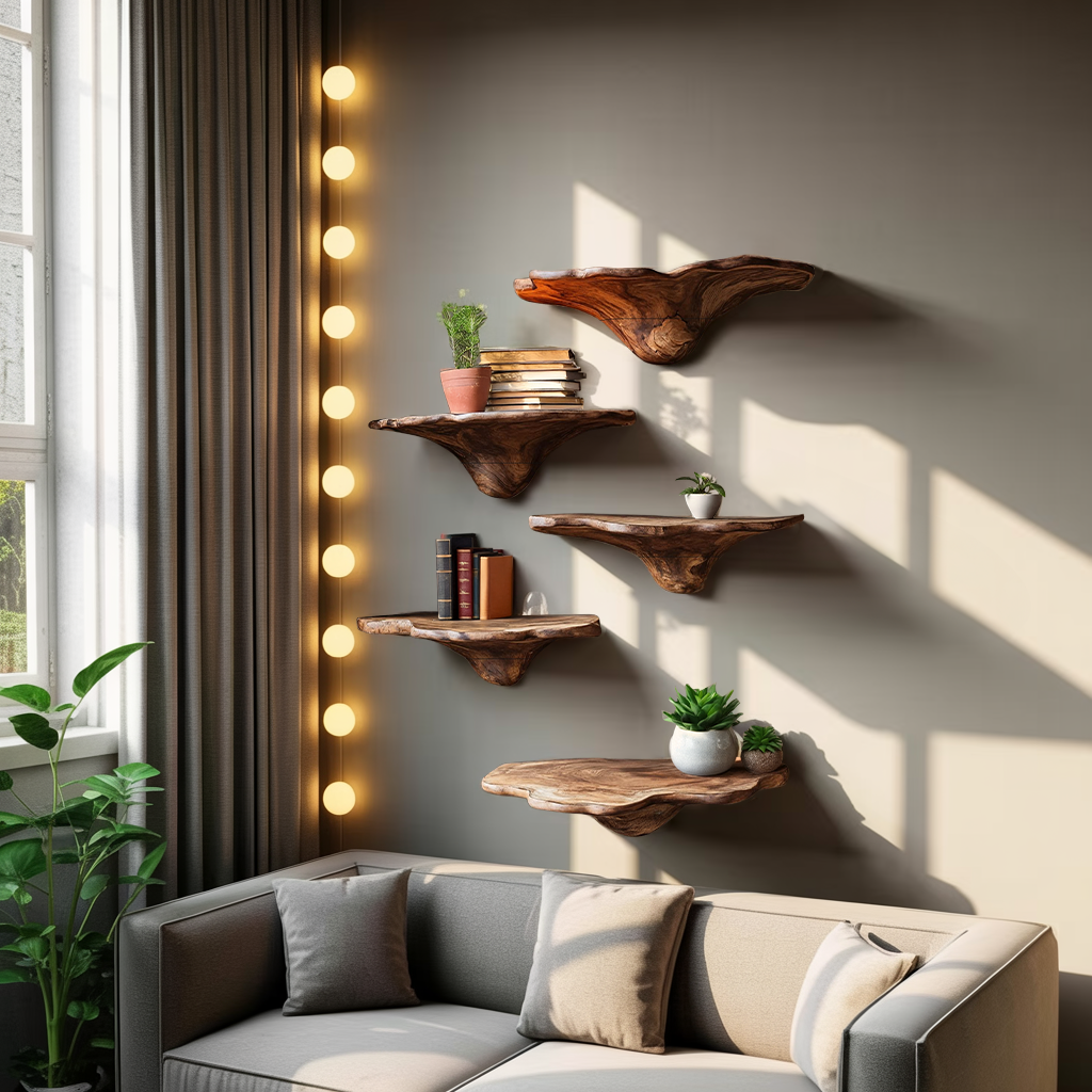 Handcrafted Live Edge Mushroom Shelf For Entryway Design