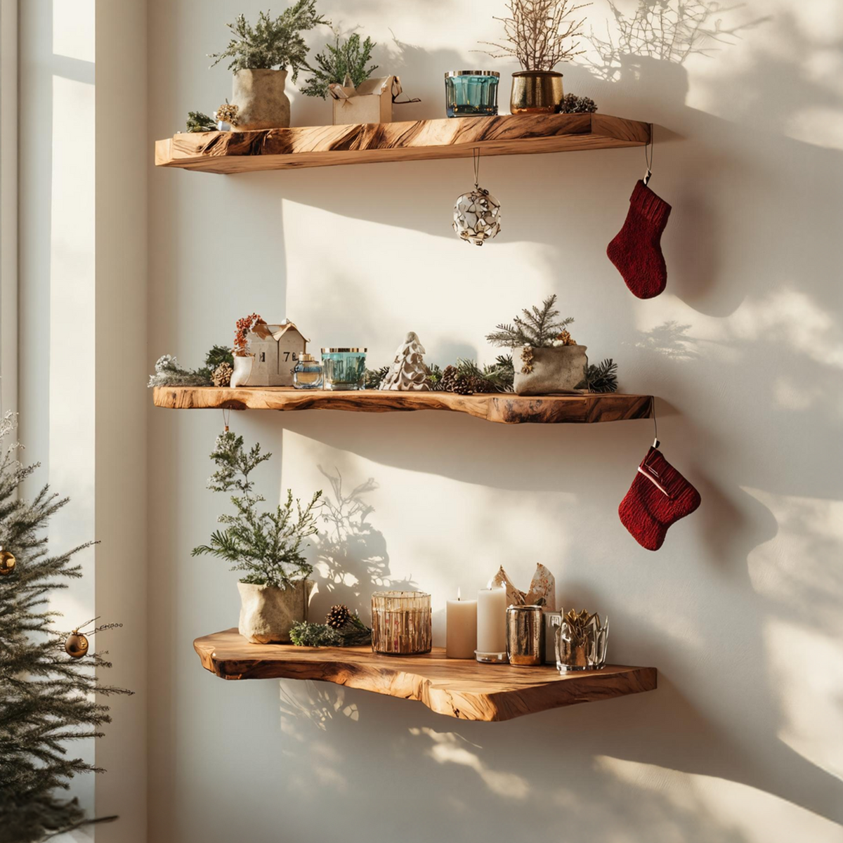Handcrafted Solid Wood Floating Shelf For Living Room Xmas Decor
