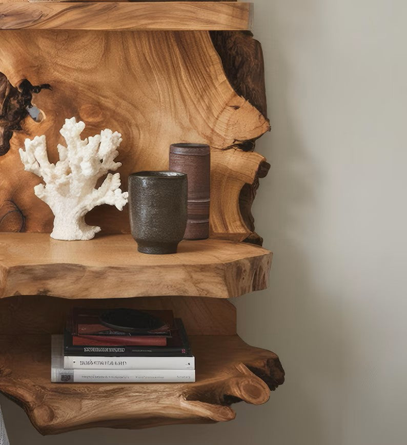 Rustic Live Edge Wood Shelf For Bedroom Decoration And Wooden Bookshelf Display