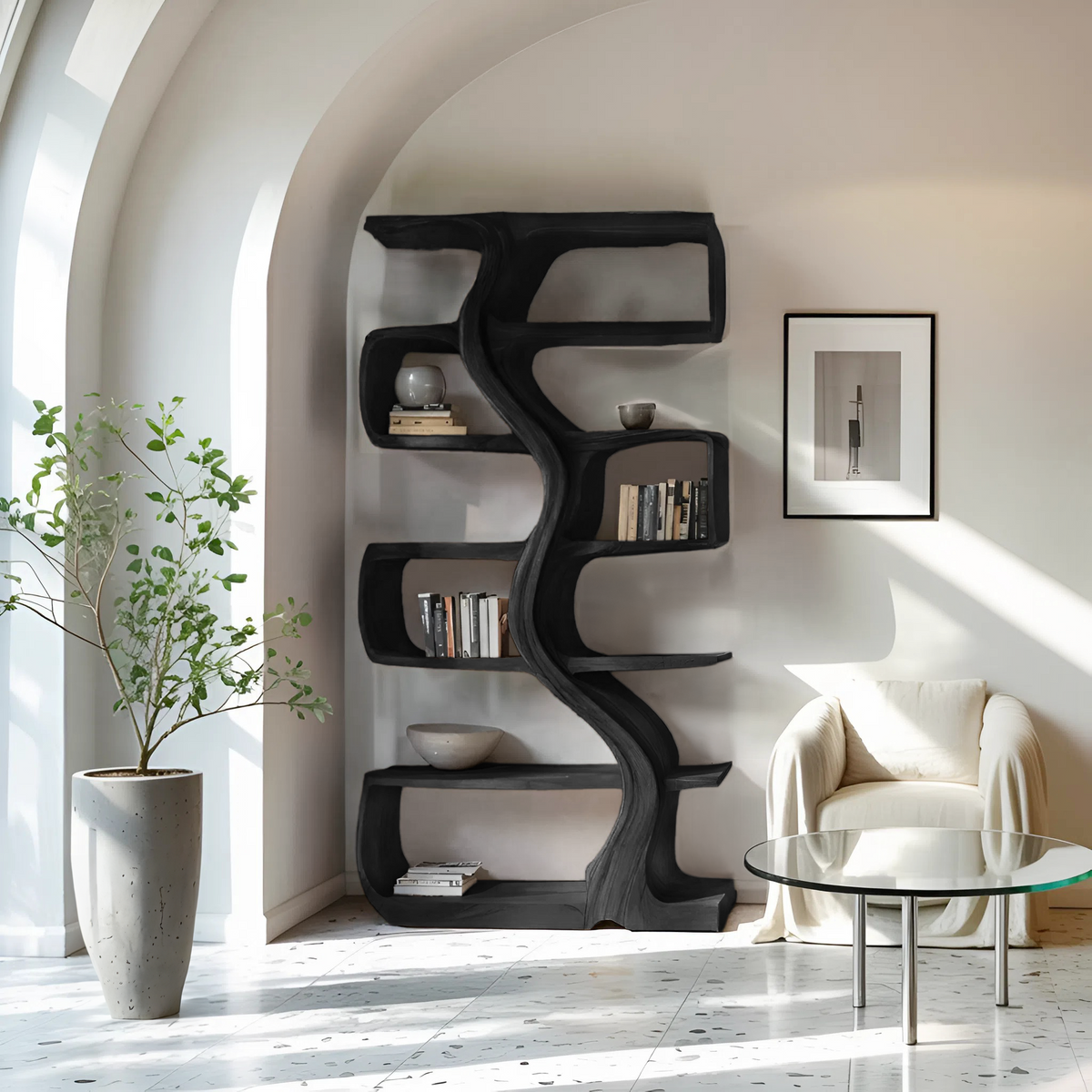 Organic Sculptural Bookshelf With Wavy Design For Living Room