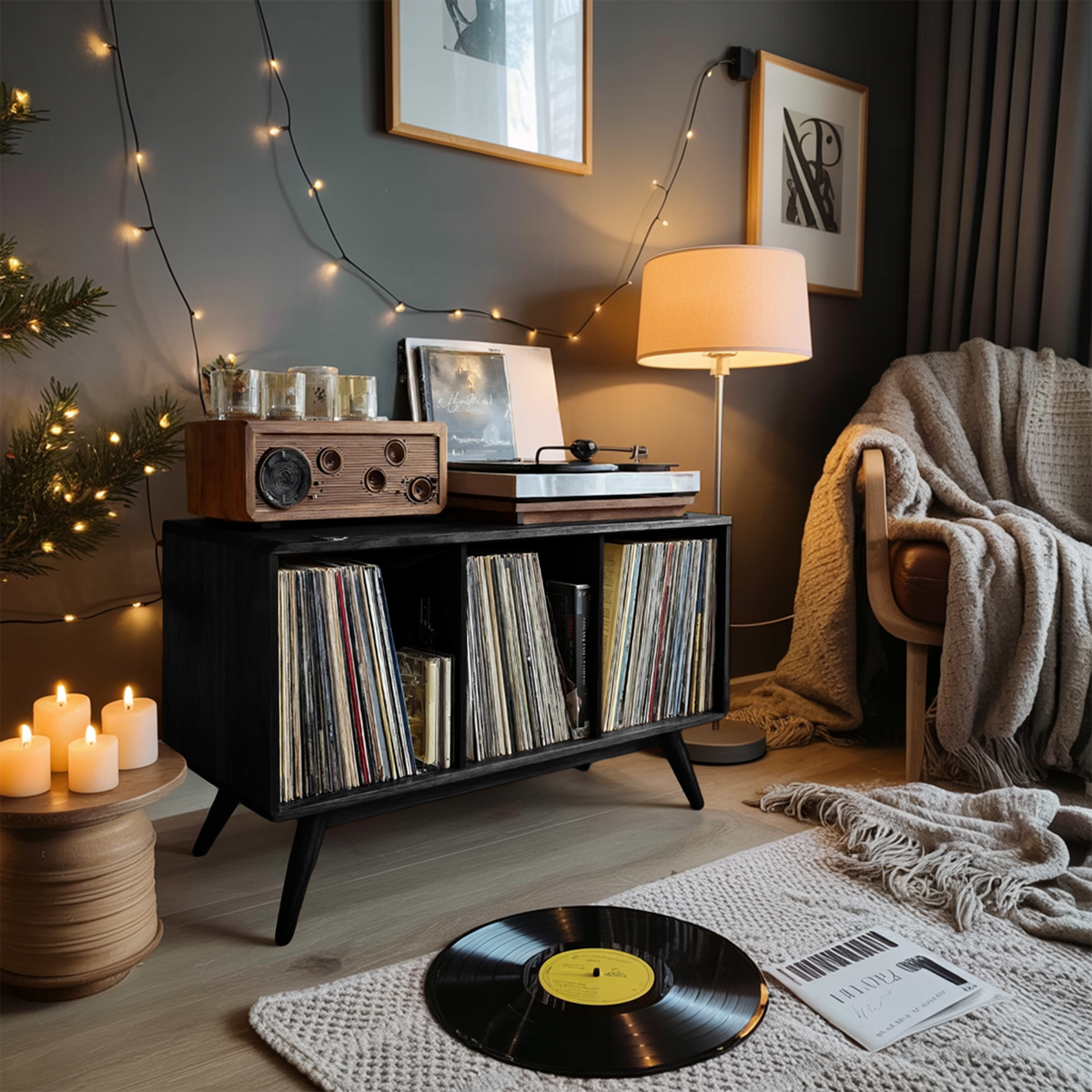 Mid Century Solid Wood Record Stand For Furniture Christmas