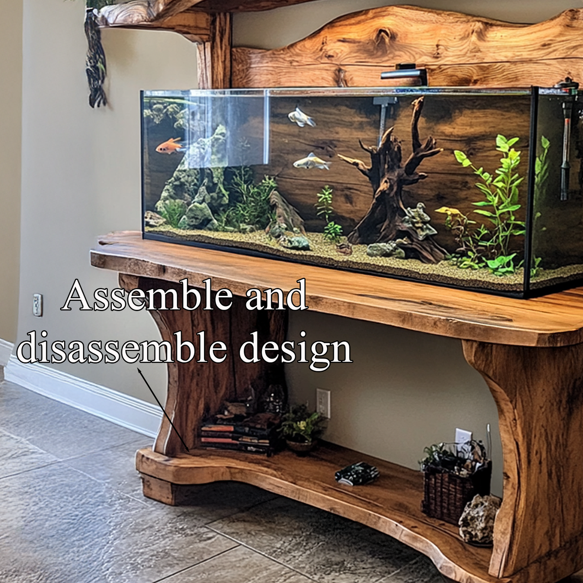 Wood Tank Fish Wooden Aquarium Shelf Decor Living Room Gift